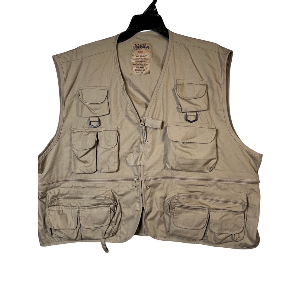 Master Sportsman Fishing Vest Mens 2XL Tan Rugged Utility Hiking 6 Multi-Pocket